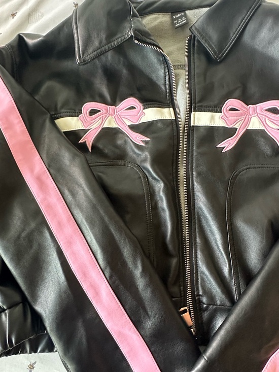 SHEIN Black Faux Leather Jacket with Pink Ribbon and White Stripe Accents - Picture 2 of 3